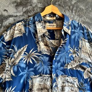 Vintage Campia Moda Men Size Large Hawaiian Aloha Shirt Blue Floral 100% Rayon